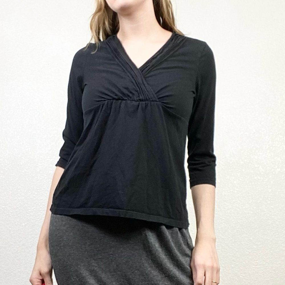 (M Petite) Charter Club Black Surplice Neck 3/4 Sleeve Top